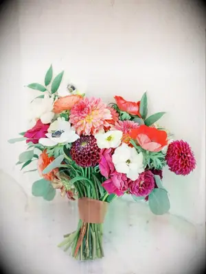 Bright red bouquet with eucalyptus