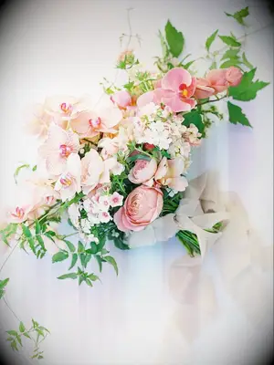 Peach-hued orchid bouquet with ribbon