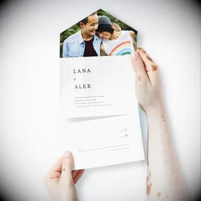 Minimalist black and white invitation with couple photo