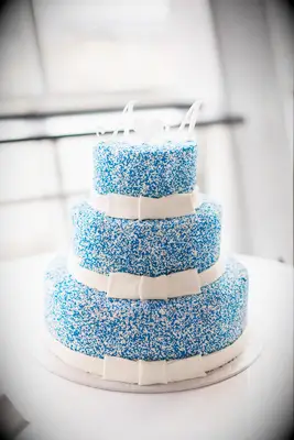 Blue Sprinkled Wedding Cake With Fondant Bows