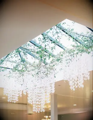 Custom-Made Origami Chandeliers With White Paper Cranes, Ivy Greenery