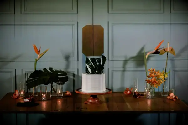 Two-Tier Wedding Cake With Banana Leaf Wrapped Around Top Tier, Tropical