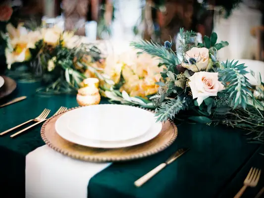 Emerald and caramel fall wedding centerpiece
