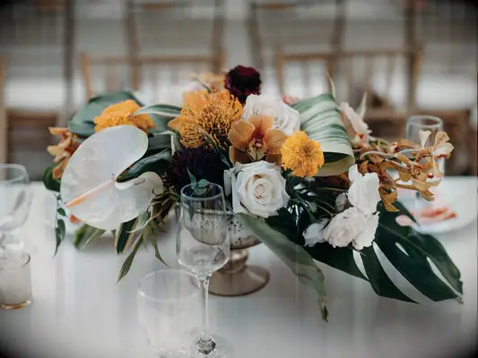 orange, white and burgundy bouquet