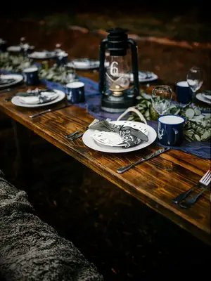 fall wedding centerpiece with lantern and bandana napkins