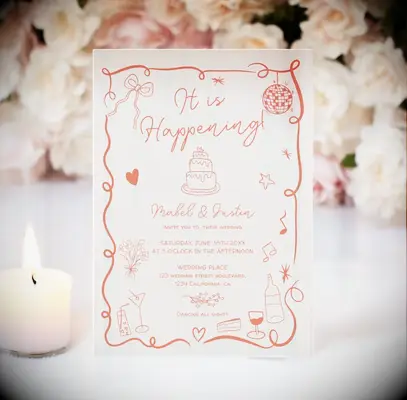 Retro orange hand drawn illustrated wedding invitation