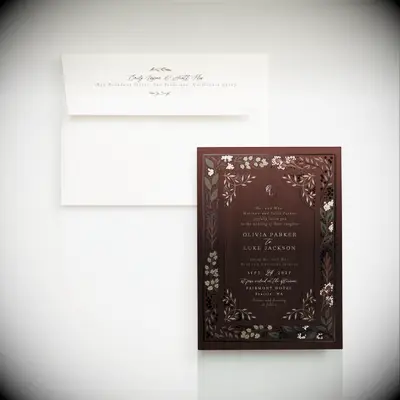 Brown floral storybook themed wedding invitations from Minted