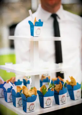 Mini dumpling take-out boxes wedding appetizers