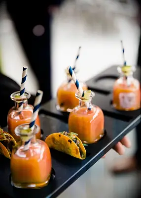 Mini tacos and gazpacho wedding appetizers