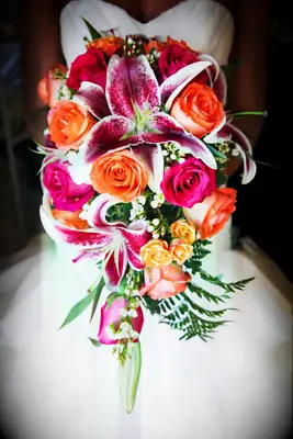 Stargazer Lily Wedding Bouquet with Orange and Pink Roses