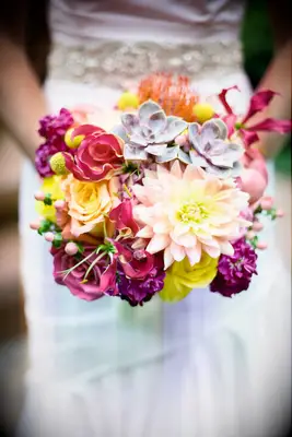 Pink Gloriosa Lily Bouquet With Succulents, Dahlias, and Roses