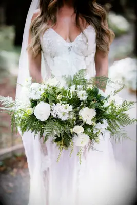 Lush Wedding Bouquet With Ferns and White Ranunculus