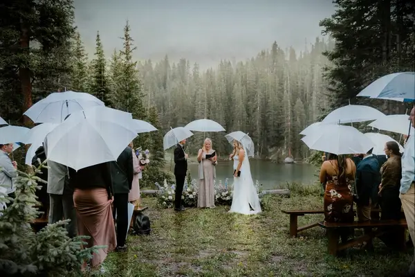 Bride and Groom, Officiant, Guests Holding Clear Umbrellas During Rustic Outdoor Mountain Ceremony