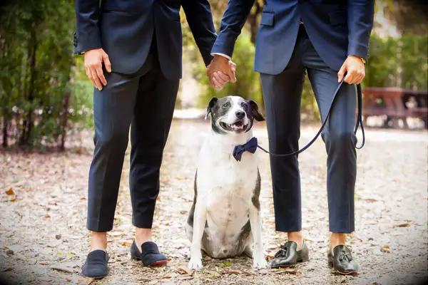 Grooms posing with dog wearing a bow tie. 