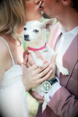 Bride and groom kissing while holding their dog. 