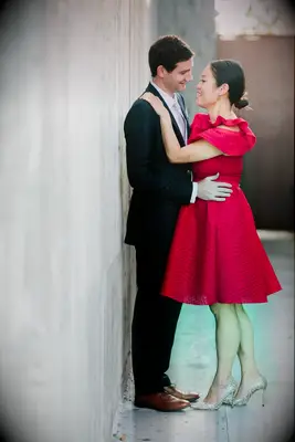Red dress engagement photo ideas