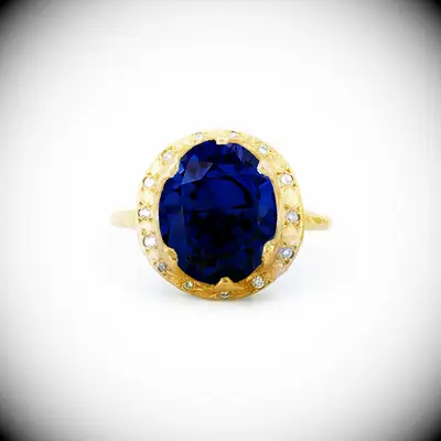 Logan Hollowell oval sapphire, diamond and gold engagement ring