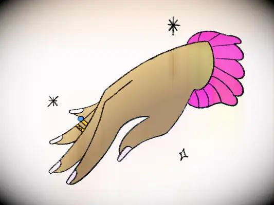 Illustration of hand wearing engagement and wedding rings on right hand