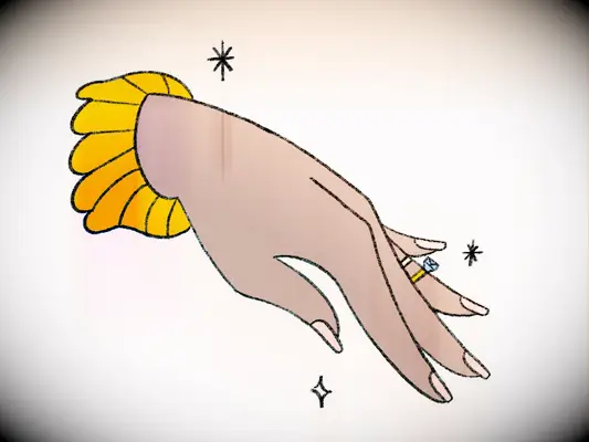 Illustration of hand wearing engagement and wedding ring on same finger