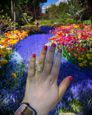Engagement ring selfie with field of colorful flowers in the back