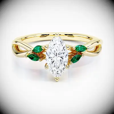 Emerald and diamond engagement ring with gold band