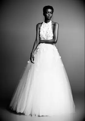 floor length a-line dress with tulle skirt and floral applique