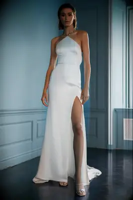 satin floor length dress with criss cross chain halter and high slit