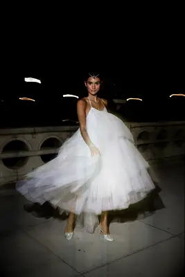 layered tulle gown with spaghetti strap halter neck