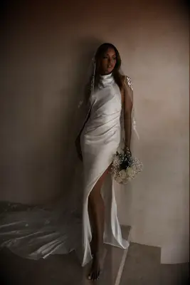 satin floor length dress with front slit and high neck halter