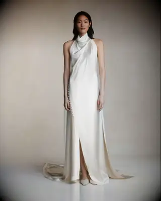 satin floor length dress with cowl high neck halter