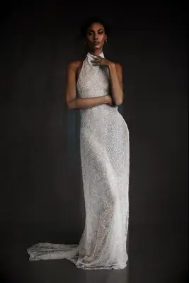 floor length beaded draped halter neck dress