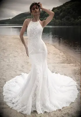 fit and flare beaded halter dress