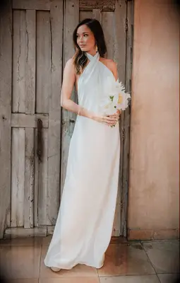 satin floor length dress with criss cross halter