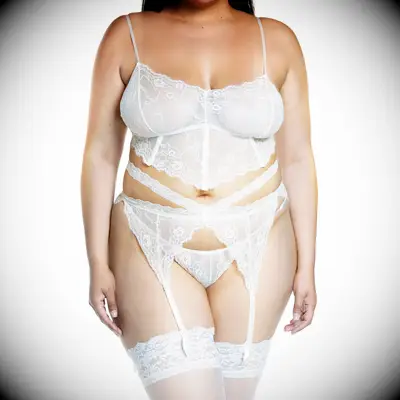 Coquette plus three-piece bridal lingerie set with lace bra, garter belt and G-string from Nordstrom