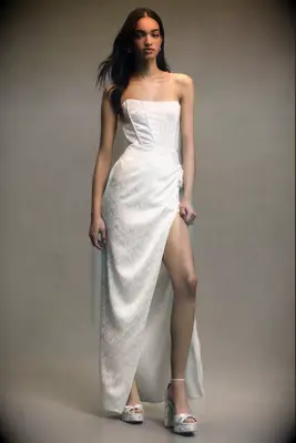 V. Chapman jacquard front-slit wedding afterparty dress