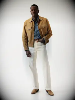 Buck Mason suede trucker jacket mountain wedding attire