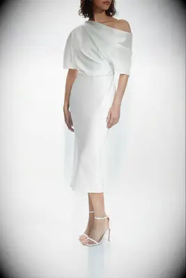 White draped satin plus size midi dress for courthouse wedding from Amsale