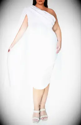 White one shoulder cape plus size courthouse wedding dress from Nordstrom