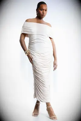 Cream Karen Millen plus size slinky off the shoulder courthouse wedding dress