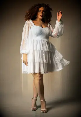 Plus size white lace tiered mini courthouse wedding dress from Eloquii