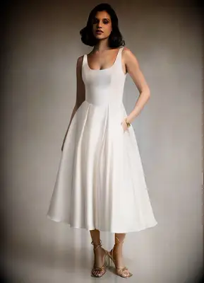 Vintage pleated plus size midi wedding dress for courthouse wedding