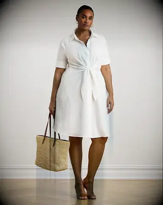 White tie-front linen plus size knee length wedding dress for courthouse wedding