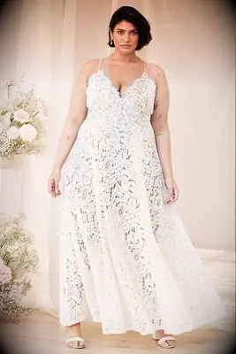 Lacy plus sized wedding dress by Lulus. 