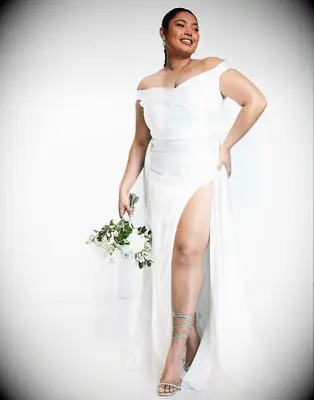 Off the shoulder silk plus size wedding dress by ASOS. 