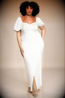 Puff-sleeve plus size wedding dress by Lulus. 