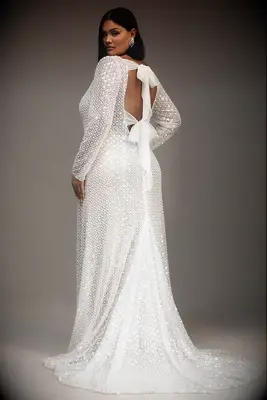 Watters long-sleeve open-back silver wedding gown