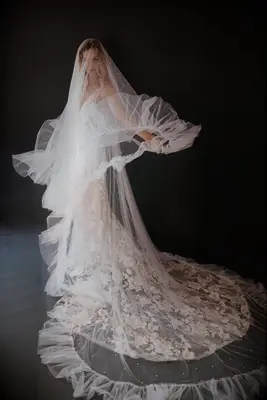 Untamed Petals ruffle trim floral cathedral wedding veil