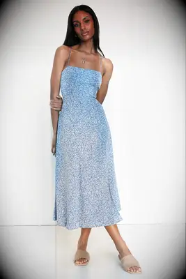 Blue floral midi casual rehearsal dinner guest dress from Lulus