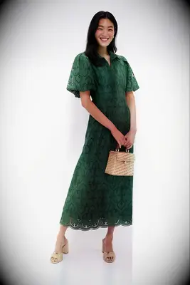 Green eyelet midi casual rehearsal dinner dress from Tuckernuck
