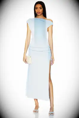 Blue asymmetric midi casual rehearsal dinner dress from REVOLVE